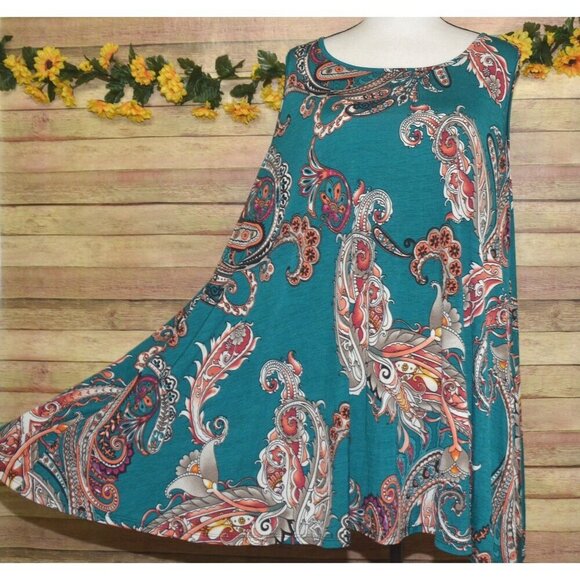 VOLL Boutique Teal Paisleys Sleeveless Flowy Blouse Top Plus Size 3X Pockets - Picture 4 of 11
